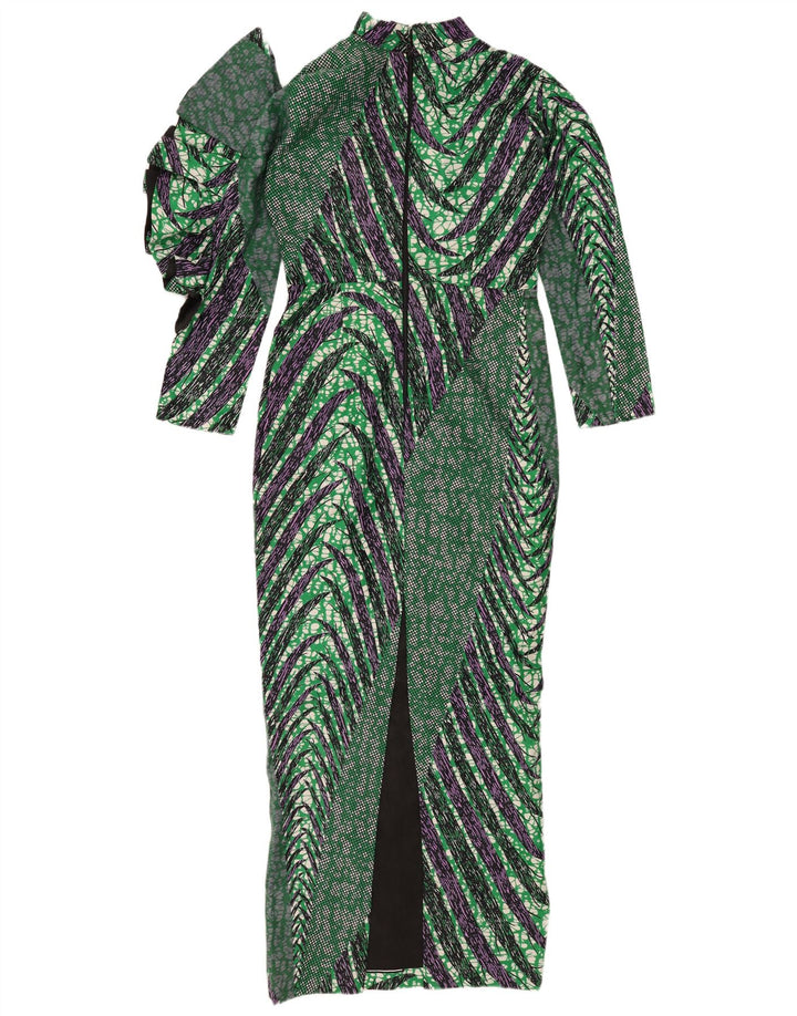 Vestido feminino vintage com estampa abstrata maxi bainha Reino Unido 12 verde médio