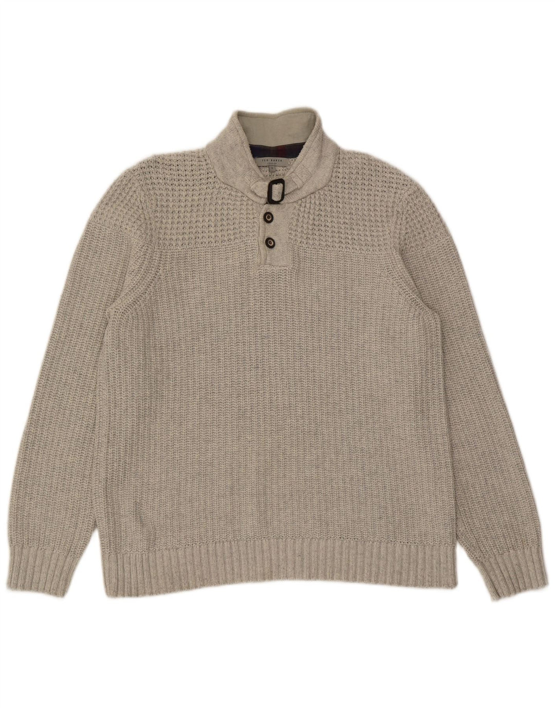 Suéter masculino Ted Baker com gola redonda e botão, tamanho 4, algodão cinza grande