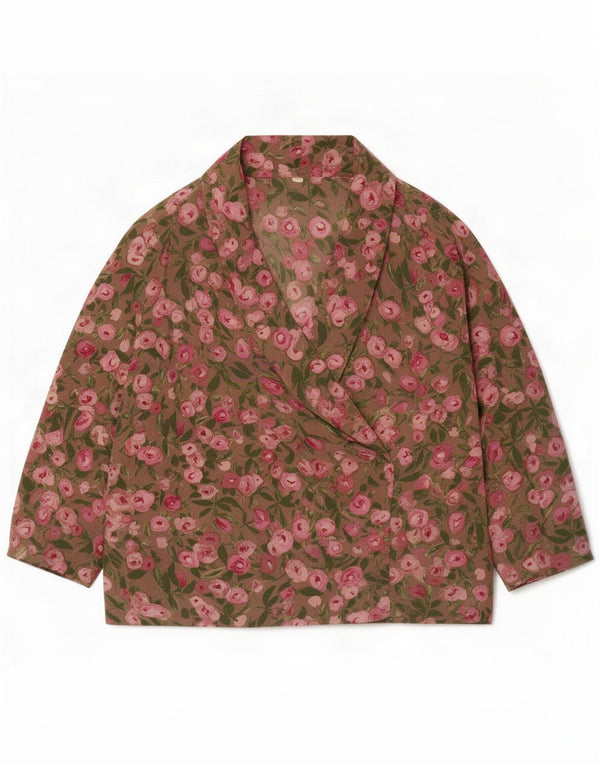 Blusa feminina vintage de manga comprida UK 18 XL cáqui floral