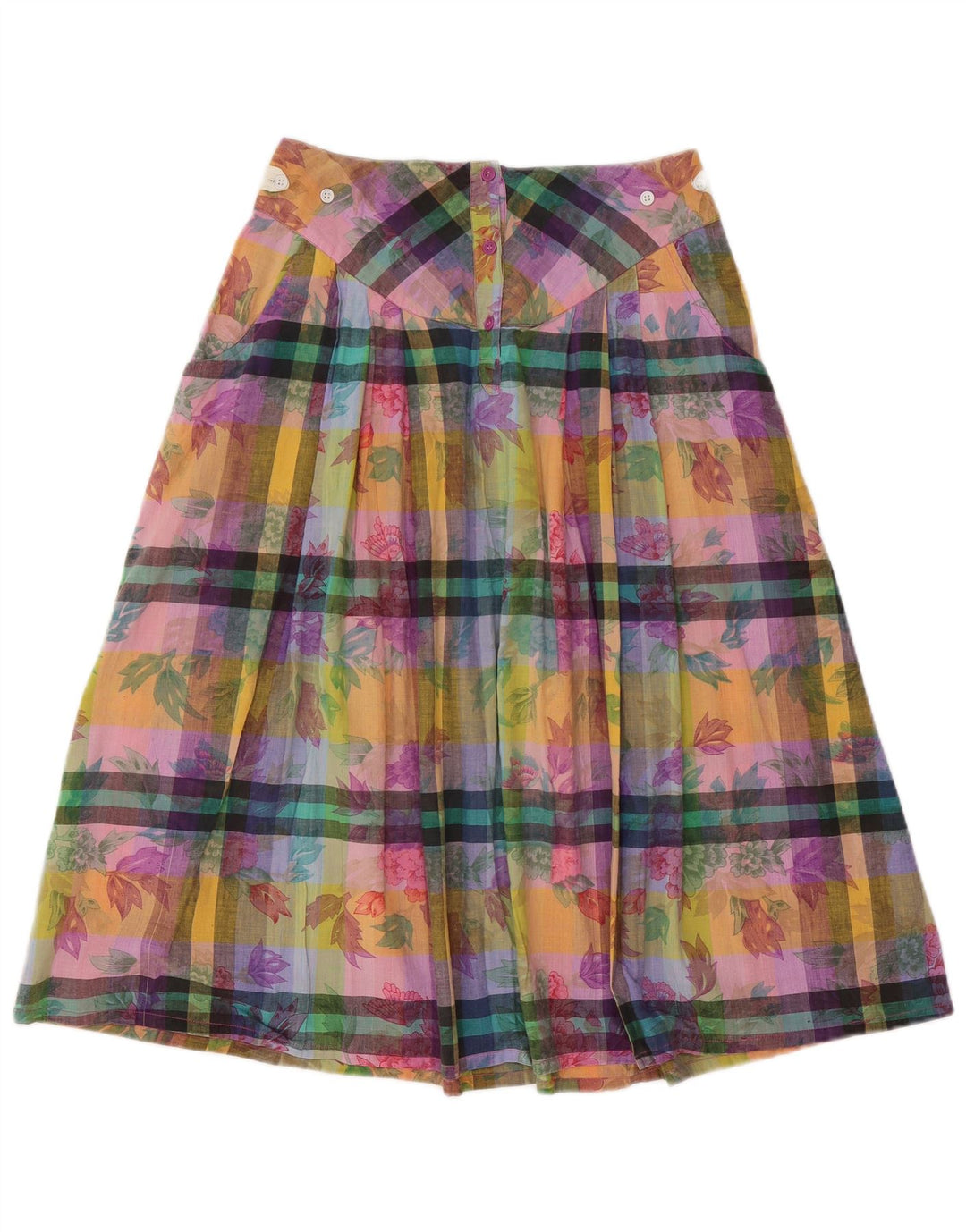 Saia feminina vintage evasê média W28 algodão floral multicolorido