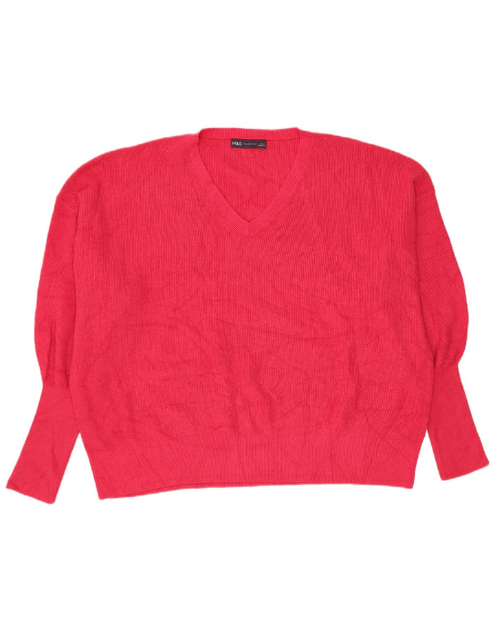 Suéter feminino grande com decote em V da Marks & Spencer grande viscose rosa