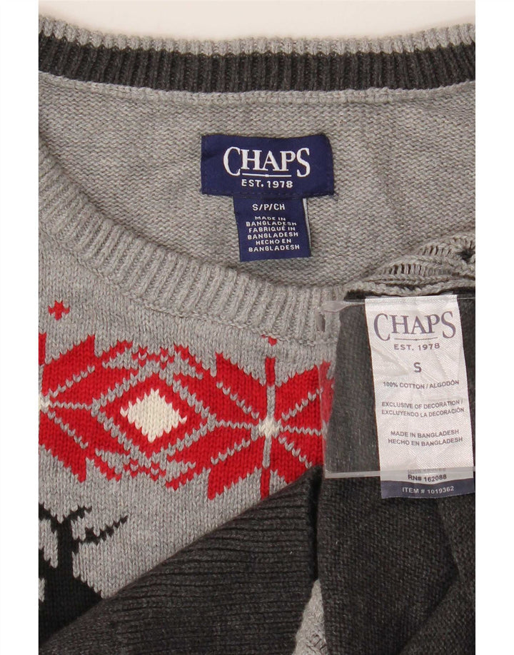 Suéter masculino Chaps com gola canoa pequeno cinza Fair Isle algodão