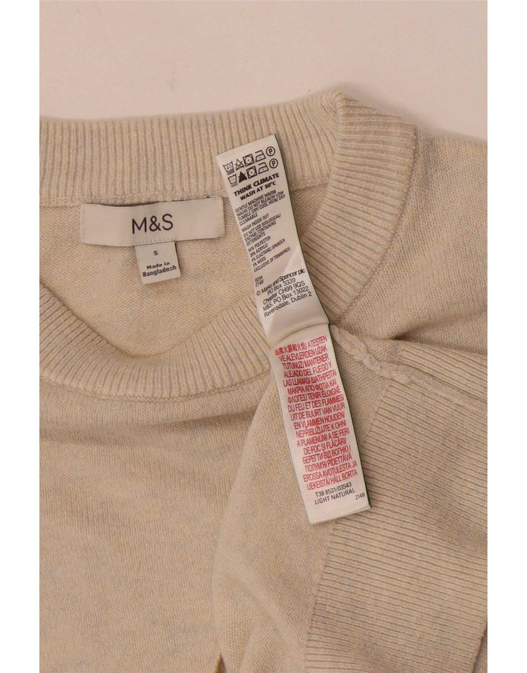 Suéter feminino Marks & Spencer com gola canoa e poliéster UK 10 pequeno bege