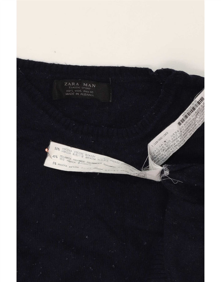 Zara Suéter masculino com gola redonda, grande viscose azul marinho
