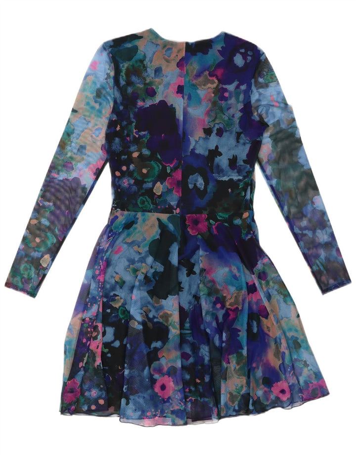 DESIGUAL Vestido feminino com estampa abstrata de manga comprida evasê Reino Unido 10 pequeno azul