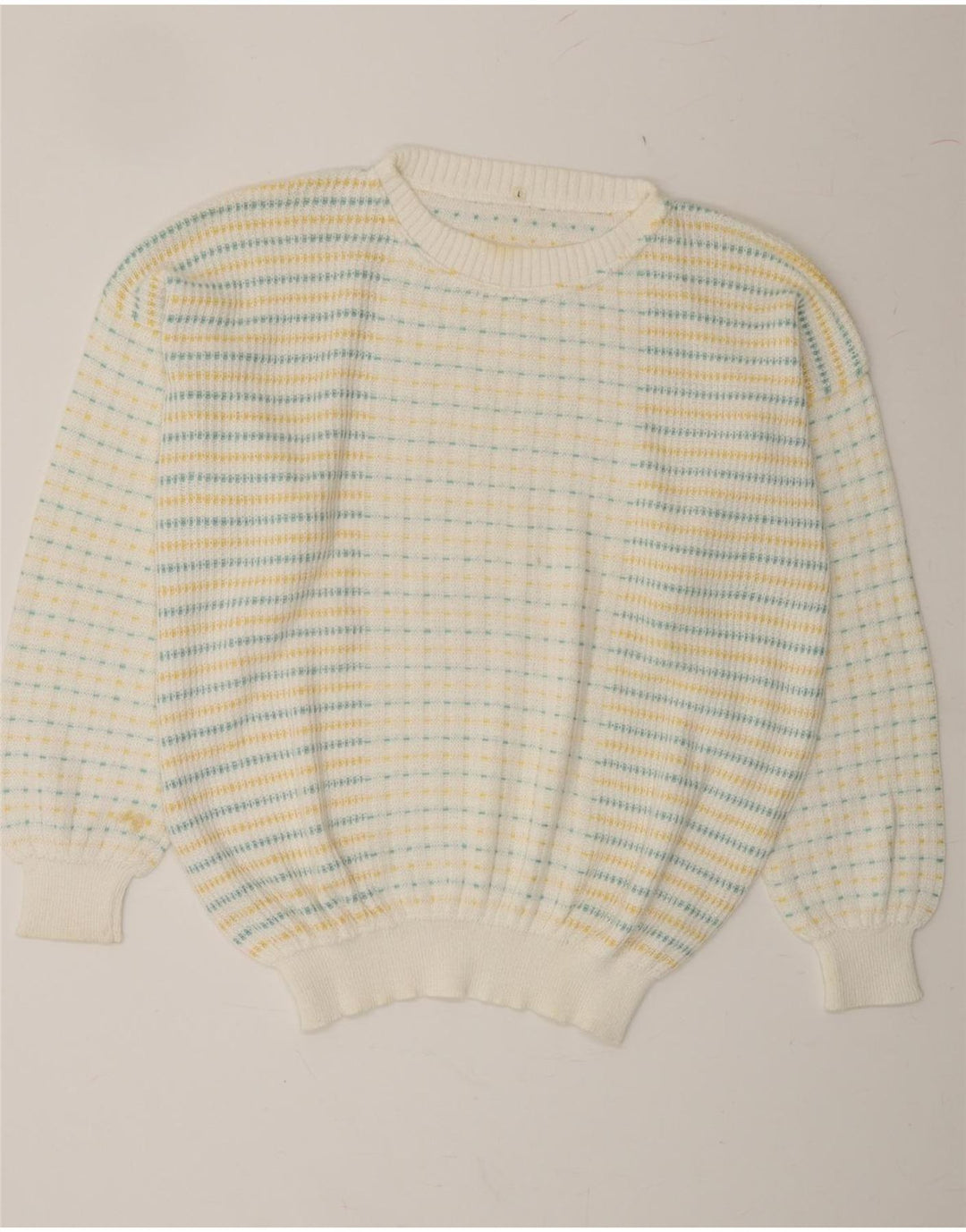 VINTAGE Mens Crew Neck Jumper Sweater Large White Striped Cotton Vintage Vintage and Second-Hand Vintage from Messina Hembry 