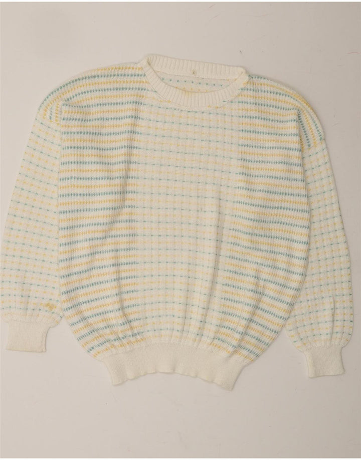 VINTAGE Mens Crew Neck Jumper Sweater Large White Striped Cotton Vintage Vintage and Second-Hand Vintage from Messina Hembry 