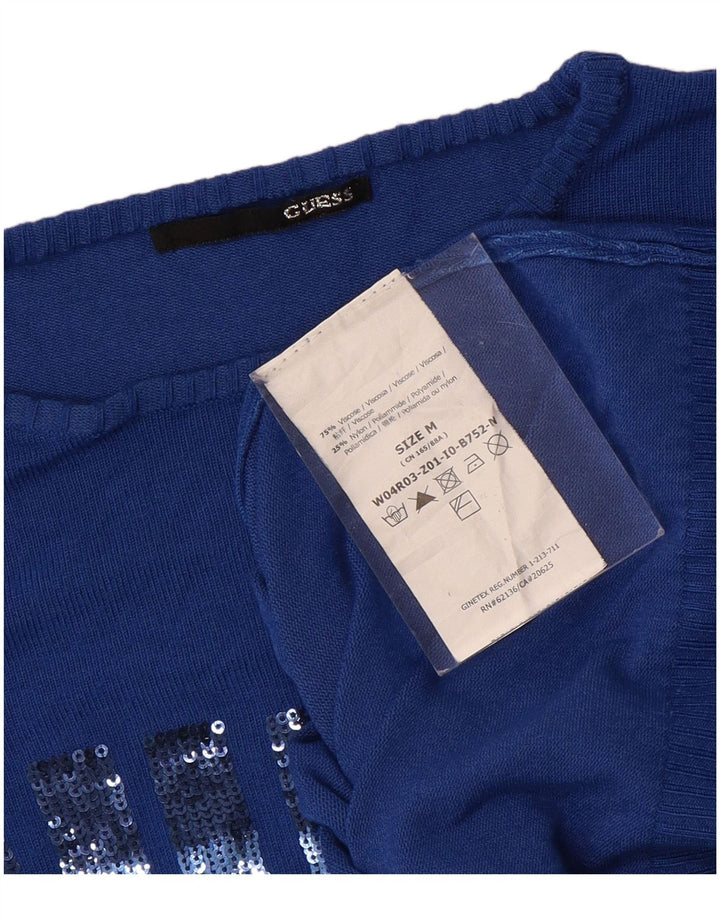 Suéter feminino GUESS com gola canoa e gola redonda Reino Unido 12 viscose azul médio