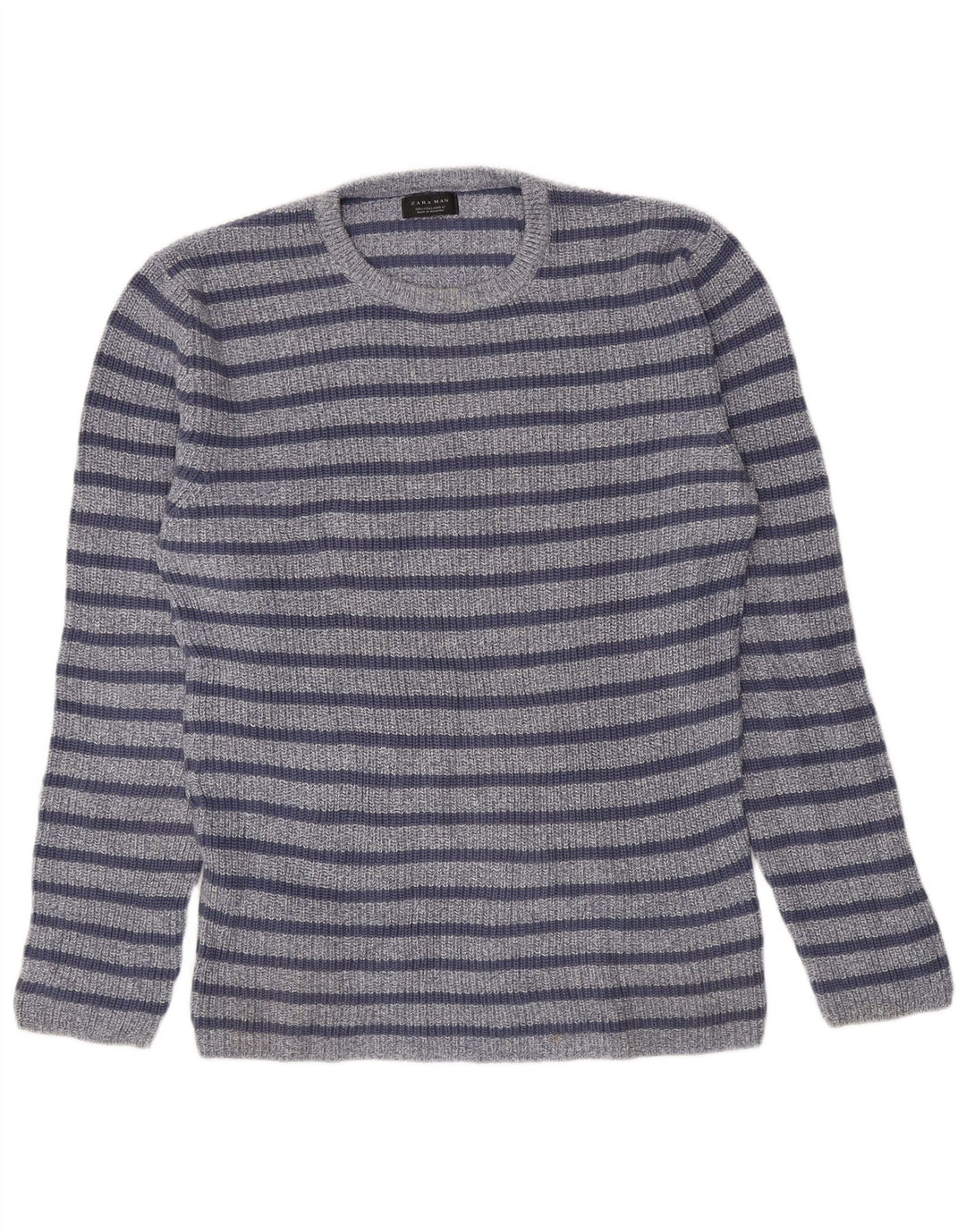 Zara Suéter masculino com gola redonda, grande algodão listrado azul