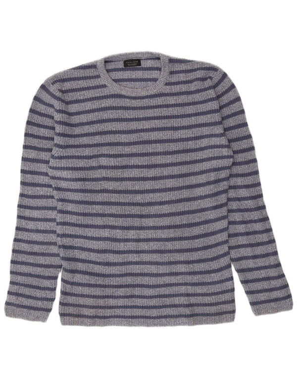 Zara Suéter masculino com gola redonda, grande algodão listrado azul