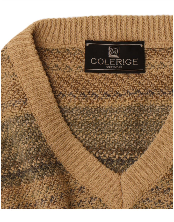 Suéter masculino vintage com decote em V listrado bege médio