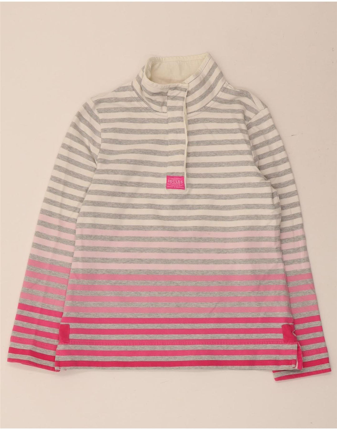 Suéter feminino Joules com gola e botão UK 12 listrado cinza médio