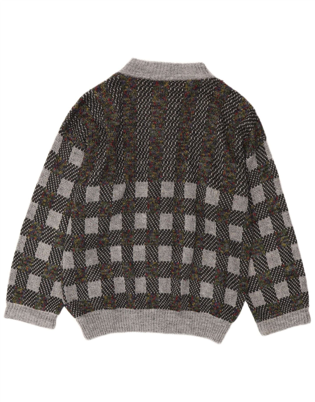 Suéter cardigã masculino vintage IT 54 XL lã geométrica cinza