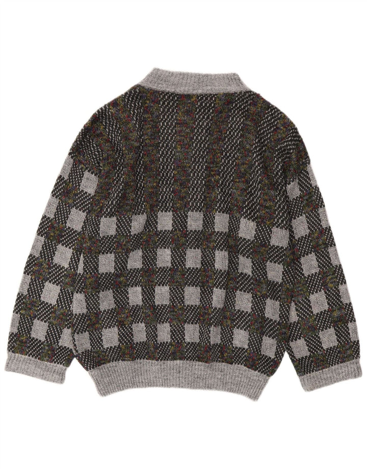 Suéter cardigã masculino vintage IT 54 XL lã geométrica cinza
