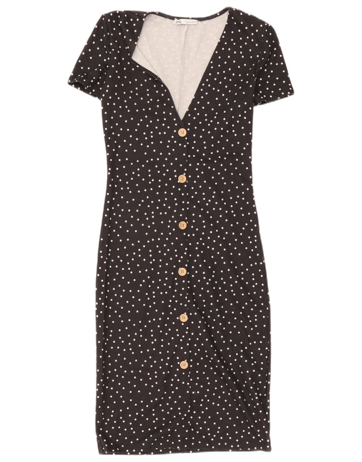 Vestido bainha feminino Zara Reino Unido 8 pequeno poliéster preto com bolinhas