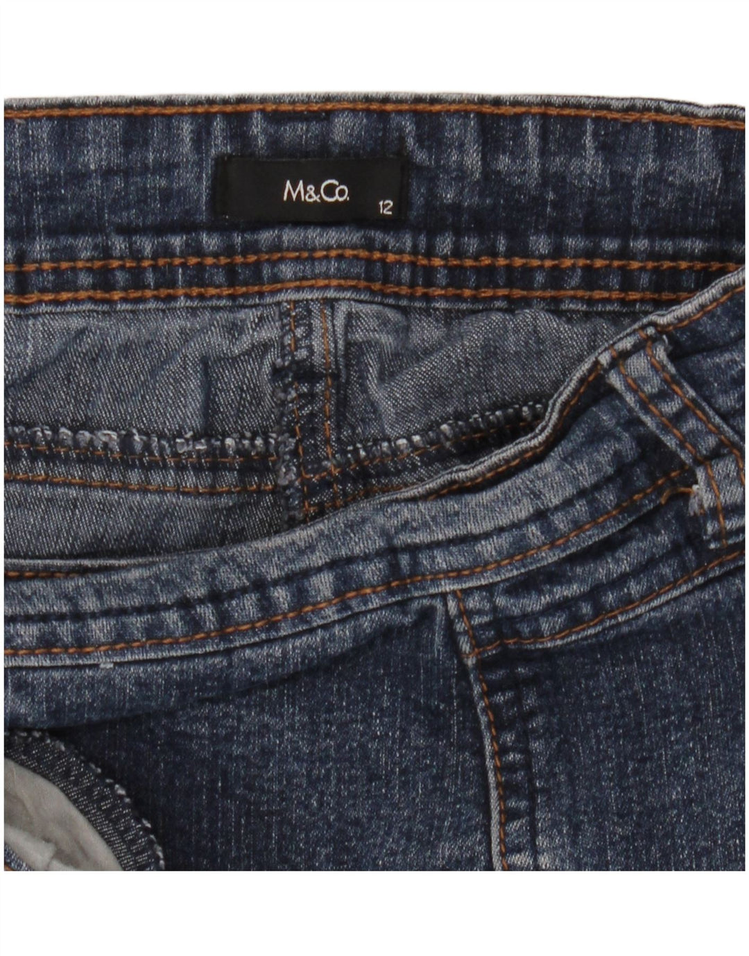 Bermuda jeans feminina M&Co UK 12 médio W32 algodão azul