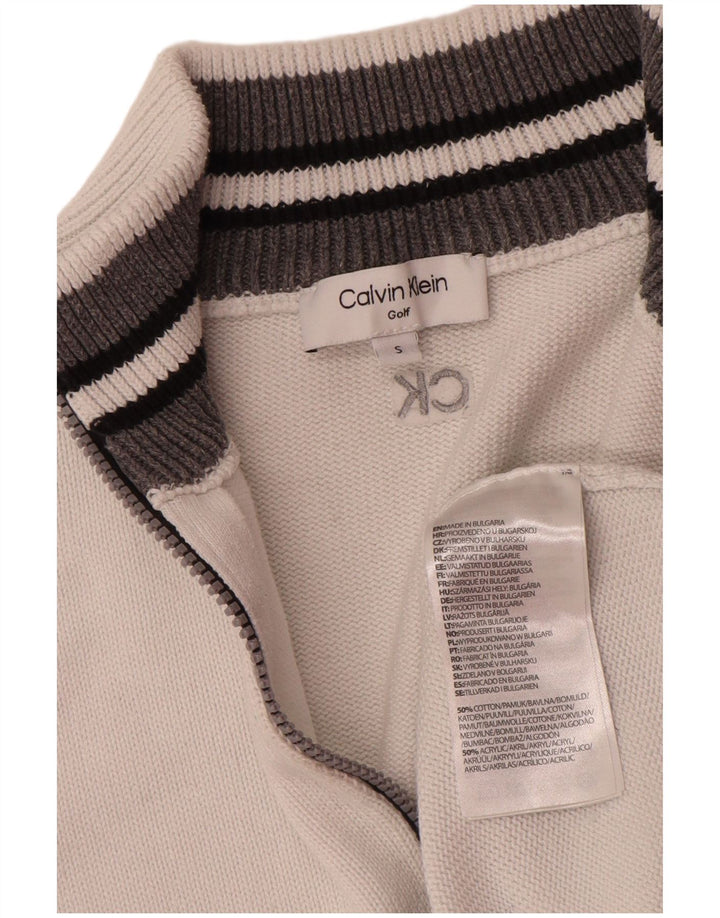 Suéter masculino Calvin Klein com zíper e gola pequena de algodão branco