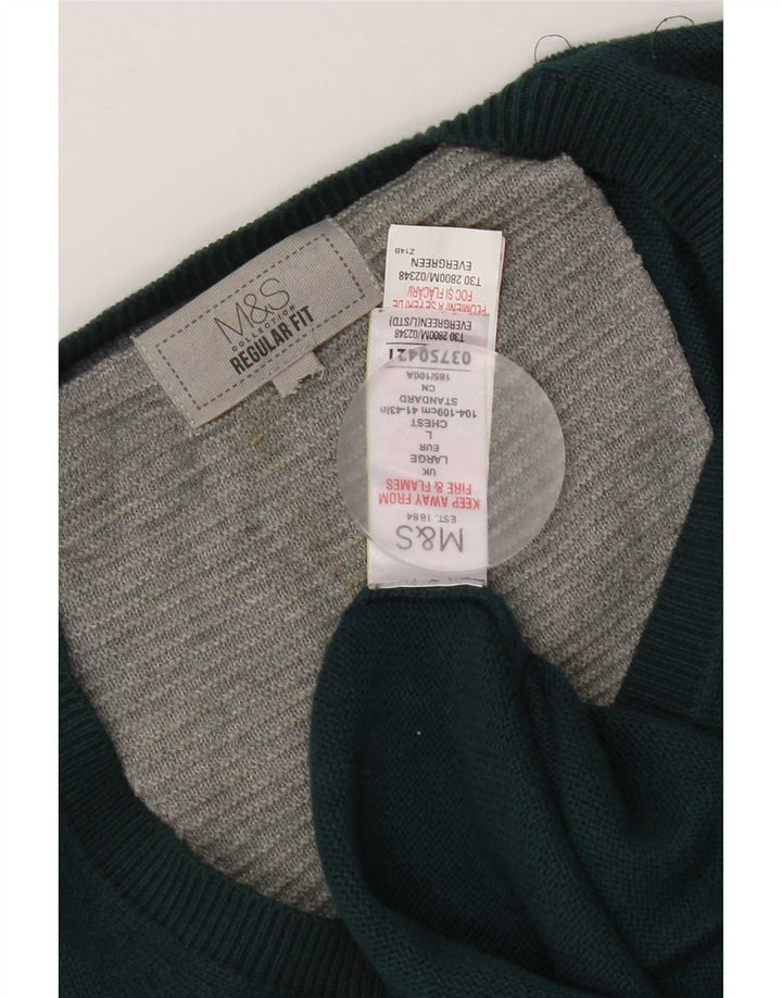 Suéter masculino Marks & Spencer com ajuste regular e decote em V, grande algodão verde