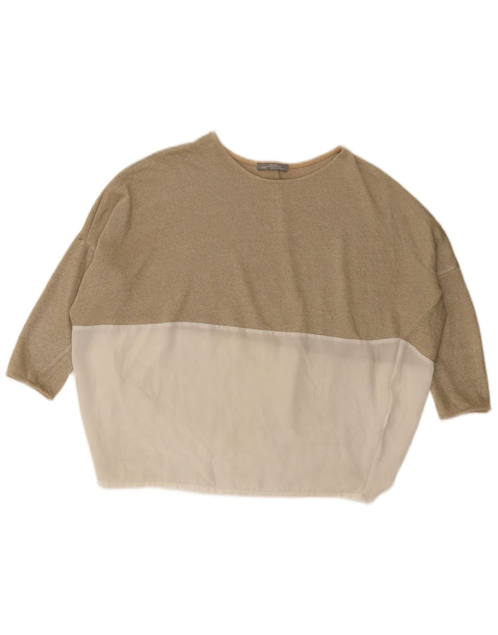 Zara Top feminino oversized manga 3/4 Reino Unido 10 pequeno bloco colorido bege