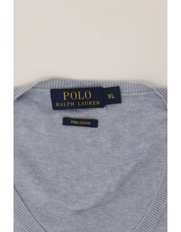 POLO RALPH LAUREN Mens V-Neck Jumper Sweater XL Blue Cotton Vintage Polo Ralph Lauren and Second-Hand Polo Ralph Lauren from Messina Hembry 