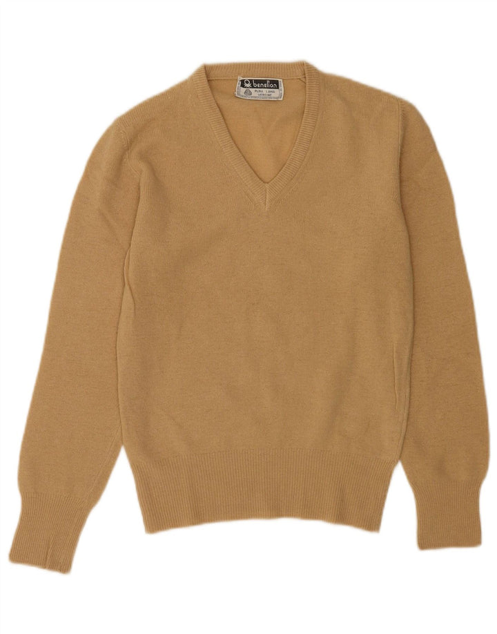 Suéter feminino Benetton com decote em V Reino Unido 10 lã bege pequena