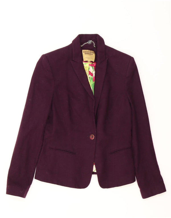Jaqueta blazer feminina de 1 botão Ted Baker tamanho 3 lã roxa média