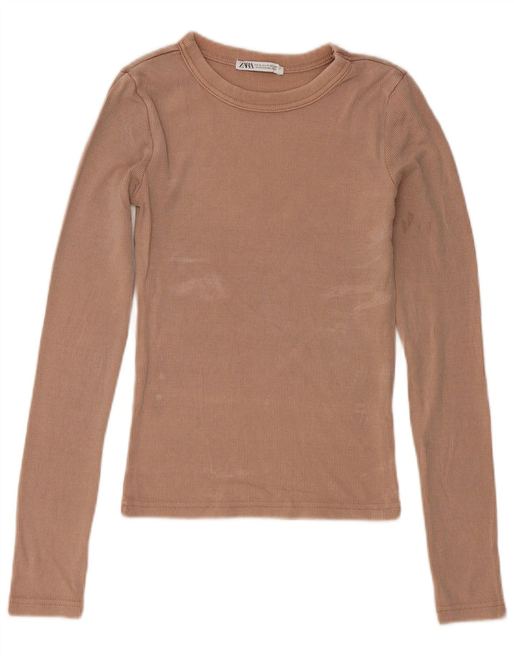 Top feminino Zara manga comprida UK 8 pequeno algodão bege