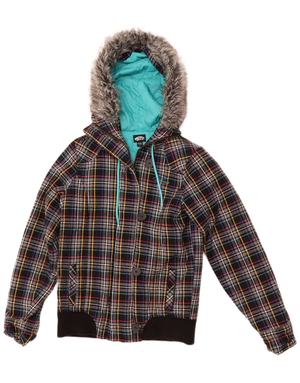 Jaqueta bomber feminina com capuz VANS UK 10 pequena cinza xadrez algodão