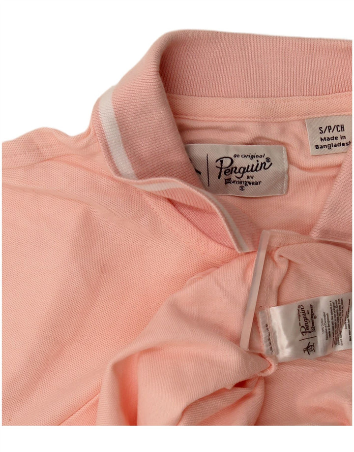 Camisa polo masculina Penguin pequena listrada rosa de algodão