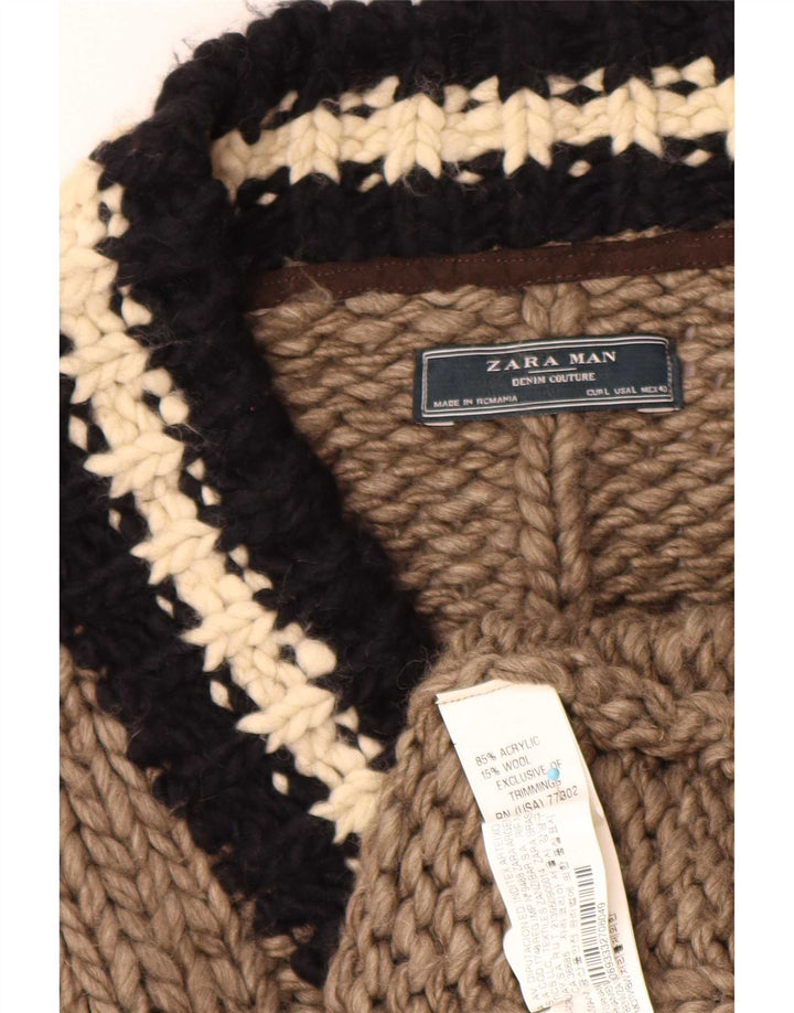 Suéter masculino Zara com decote em V grande acrílico listrado marrom