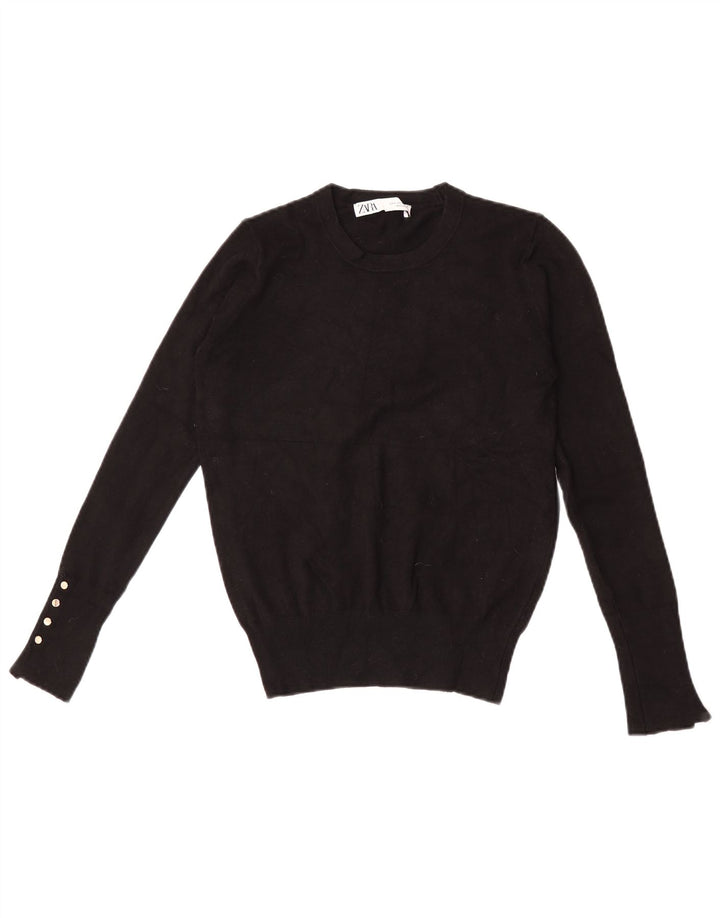 Zara Suéter feminino com gola redonda e gola redonda, preto pequeno, 10