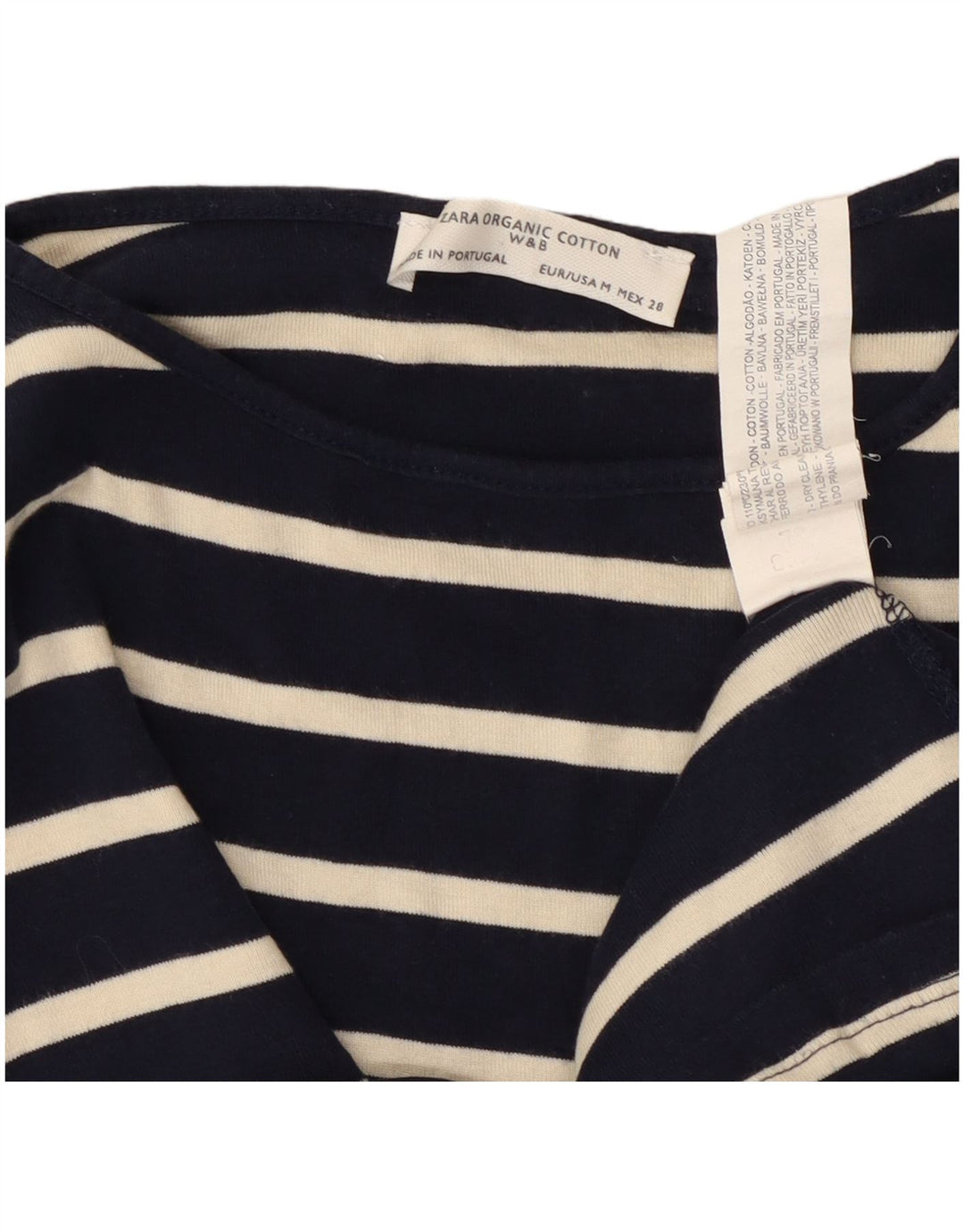 ZARA Top feminino manga 3/4 Reino Unido 12 algodão listrado azul marinho médio