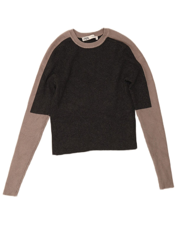 Zara Crop Top Feminino Manga Longa Reino Unido 12 Cinza Médio Colourblock Viscose