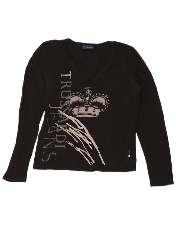 TRUSSARDI JEANS Top gráfico feminino manga comprida Reino Unido 14 grande preto