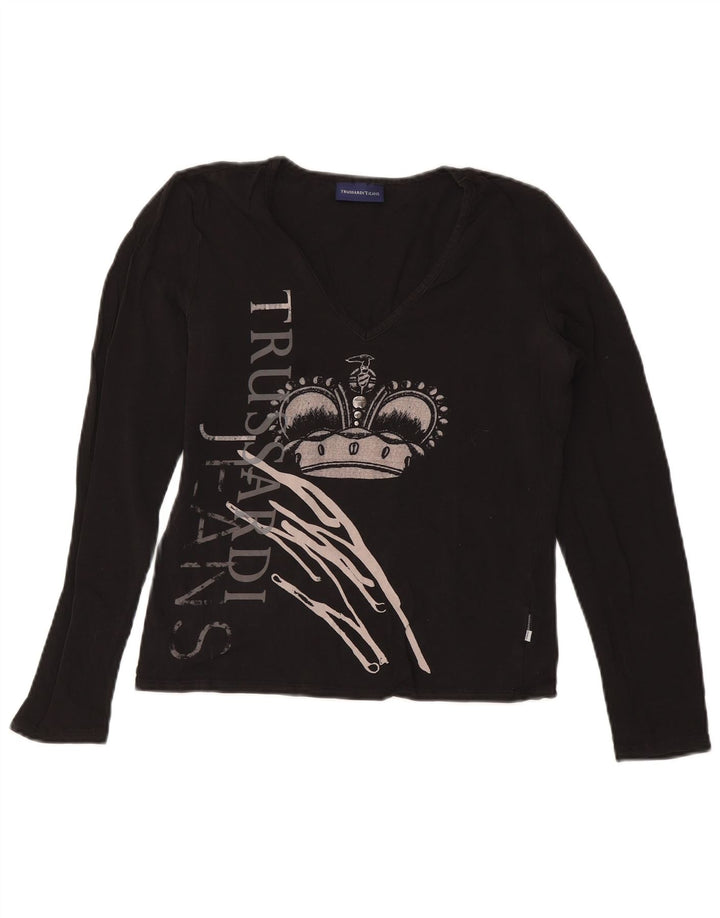 TRUSSARDI JEANS Top gráfico feminino manga comprida Reino Unido 14 grande preto