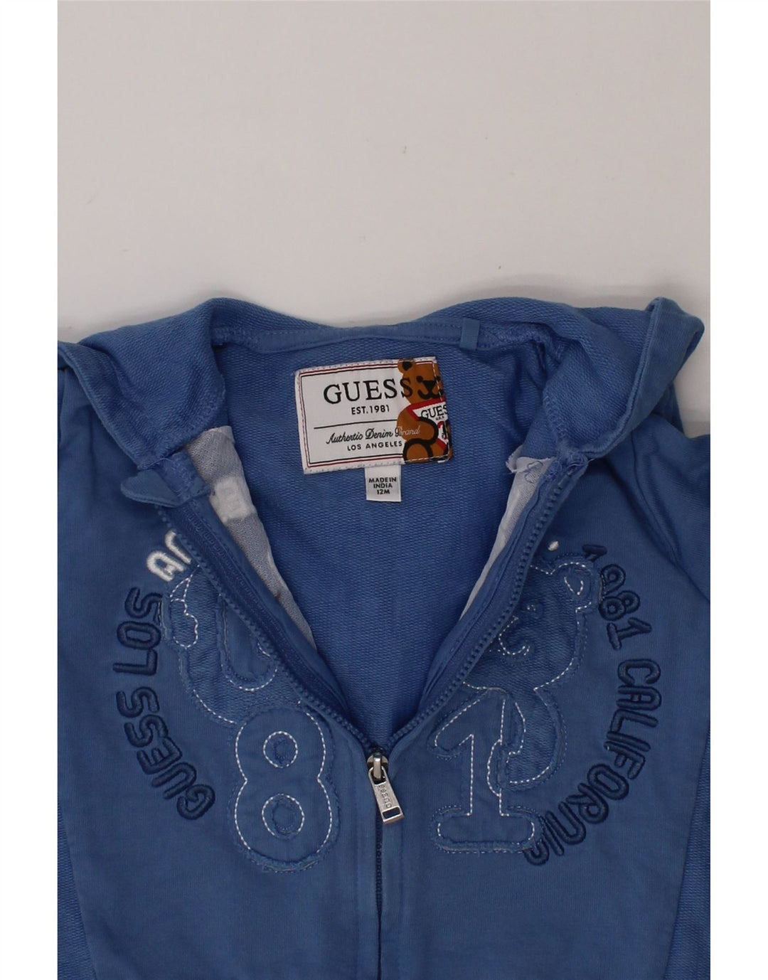 GUESS Baby Boys Graphic Zip Neck Jumper Sweater 9-12 Months Blue Cotton Vintage Guess and Second-Hand Guess from Messina Hembry 