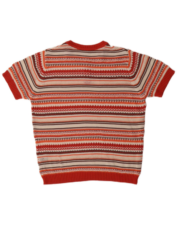 Suéter feminino vintage de manga curta com botão e pescoço UK 18 XL listrado vermelho