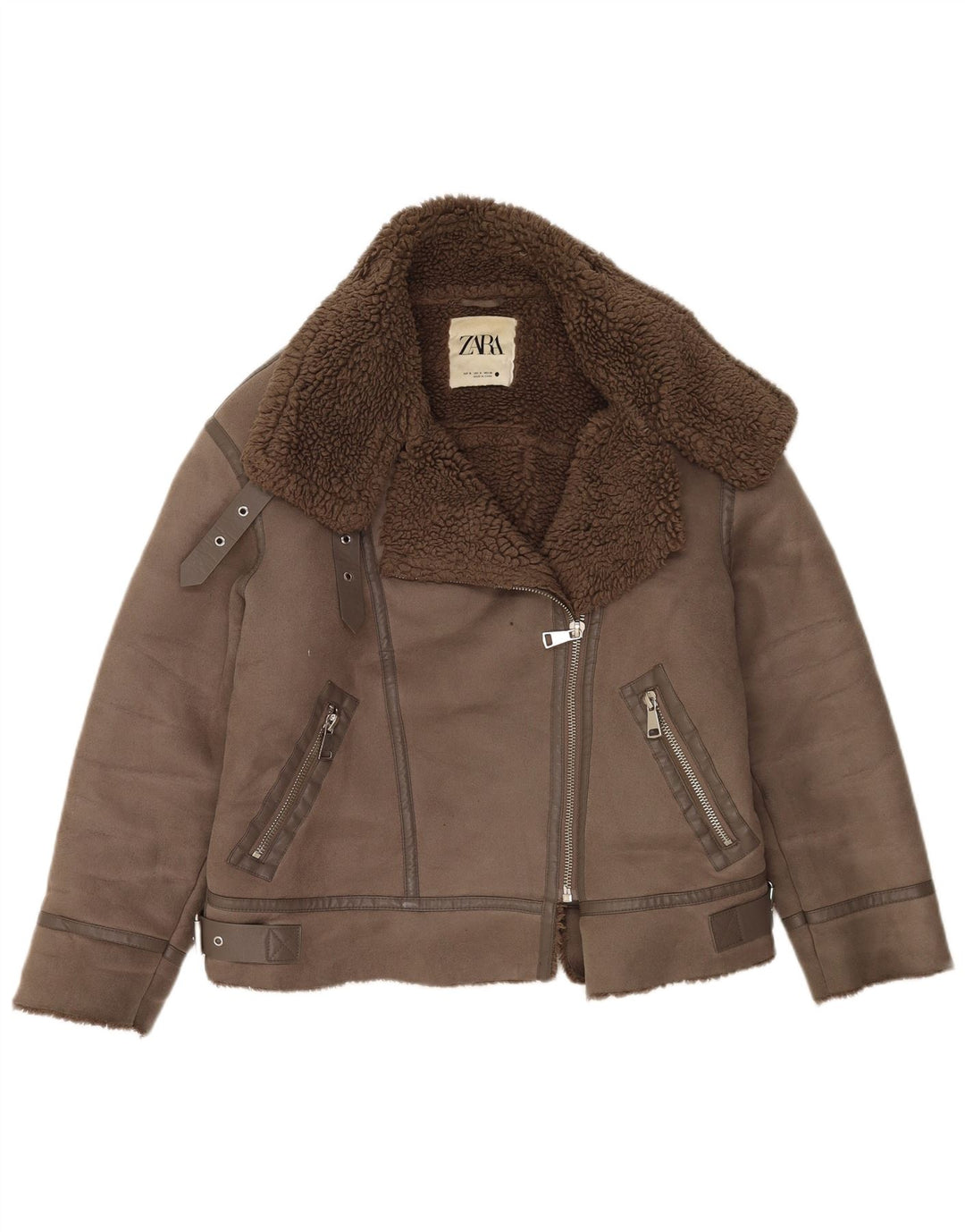 Zara Womens Sherpa Oversized Biker Jacket Reino Unido 10 Pequeno Marrom
