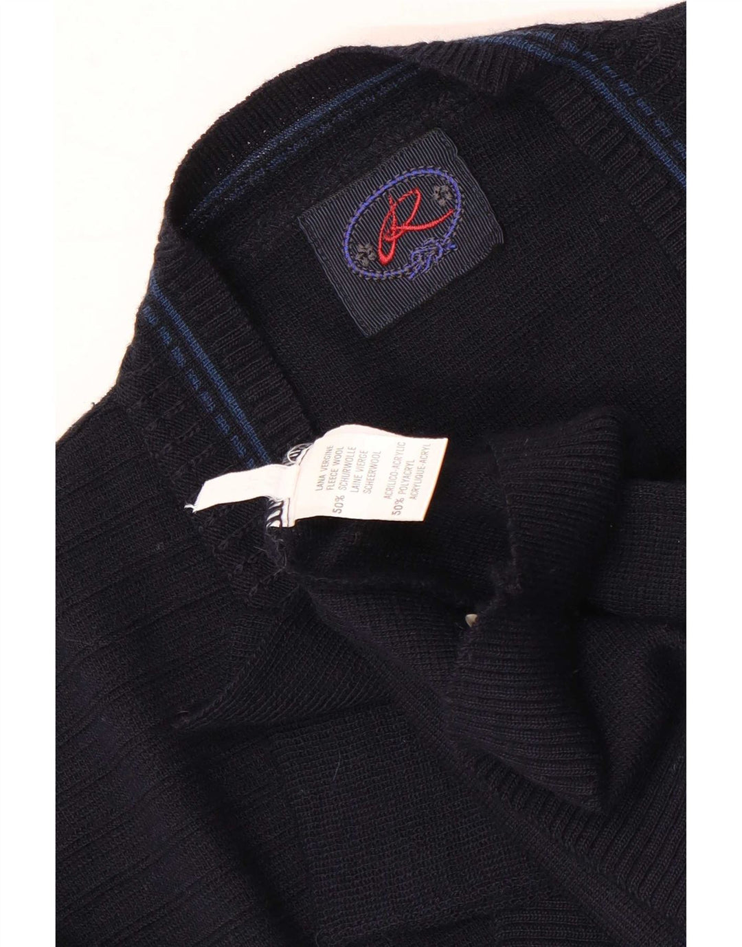 Suéter cardigã gráfico masculino vintage XL lã azul marinho