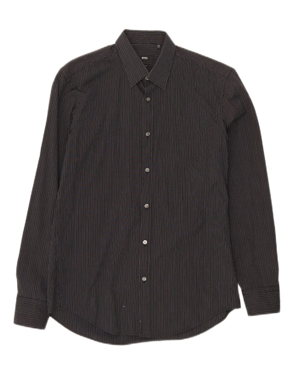 Camisa masculina Hugo Boss Slim Fit tamanho 39 15 1/2 algodão listrado preto médio