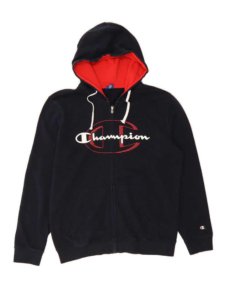 CHAMPION Mens Graphic Zip Hoodie Sweater Large Navy Blue Cotton Vintage Champion and Second-Hand Champion from Messina Hembry 