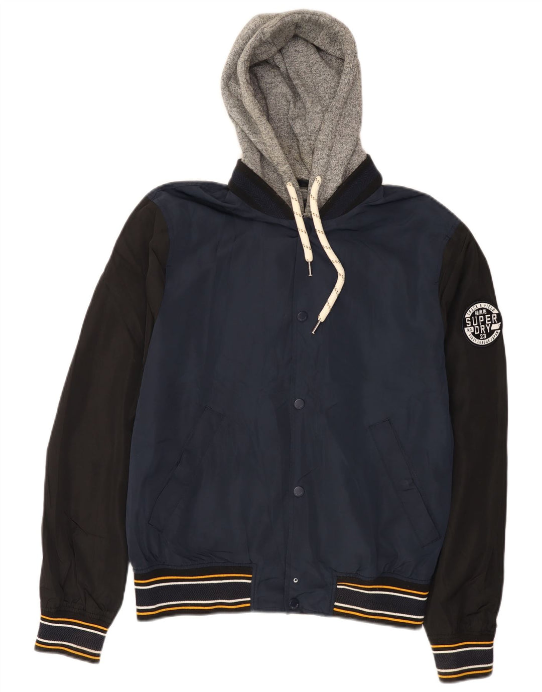 Jaqueta masculina Superdry Graphic Varsity UK 40 grande bloco colorido azul marinho