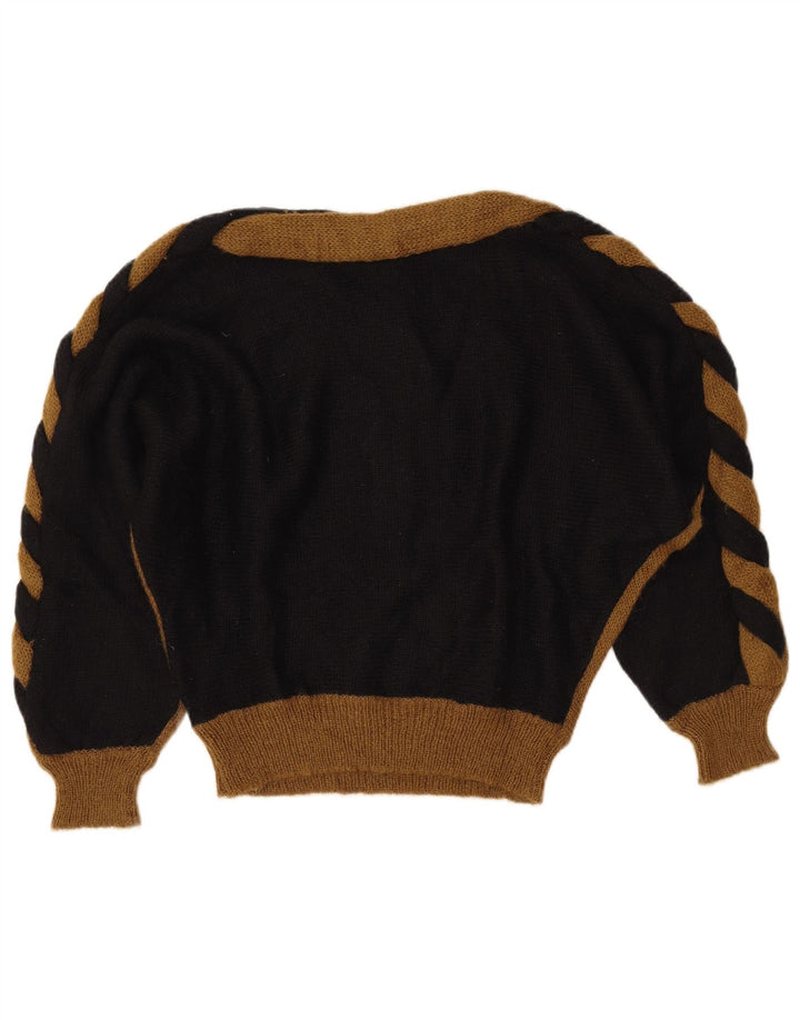 Suéter feminino VINTAGE com gola canoa UK 14 bloco colorido preto médio