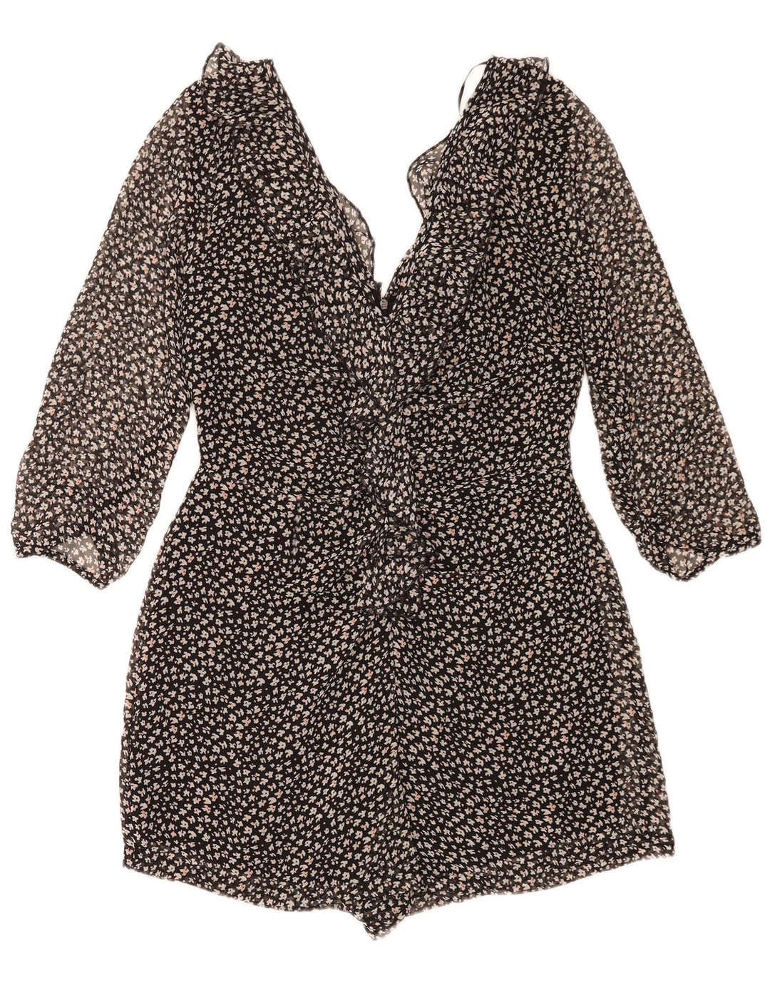 Macacão feminino Zara manga 3/4 Reino Unido 14 grande preto floral poliéster