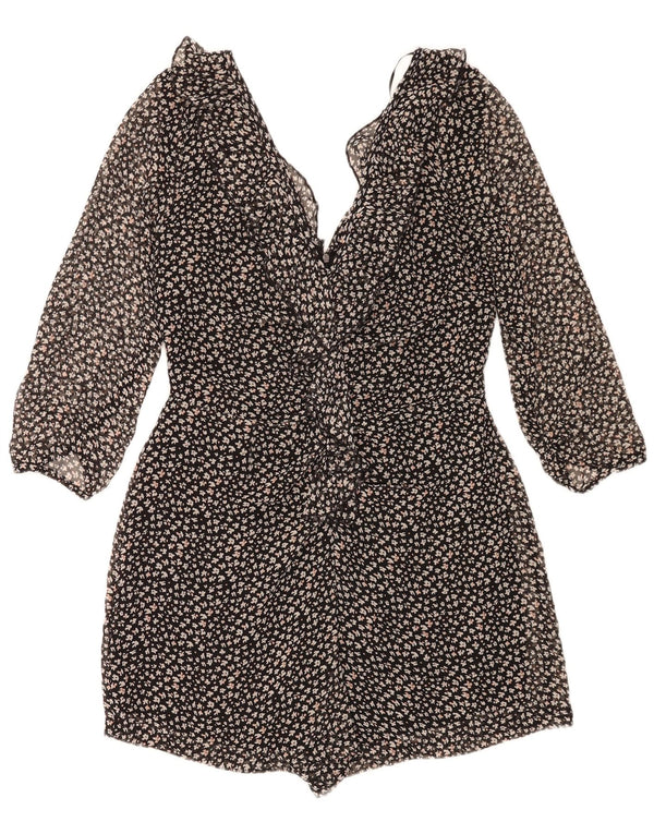 Macacão feminino Zara manga 3/4 Reino Unido 14 grande preto floral poliéster