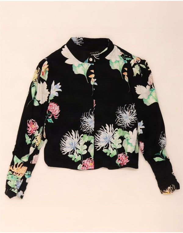 Zara blusa feminina cropped manga comprida top Reino Unido 10 pequena viscose floral preta