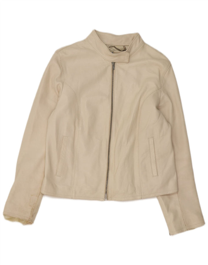 Jaqueta de couro feminina vintage UK 14 bege médio