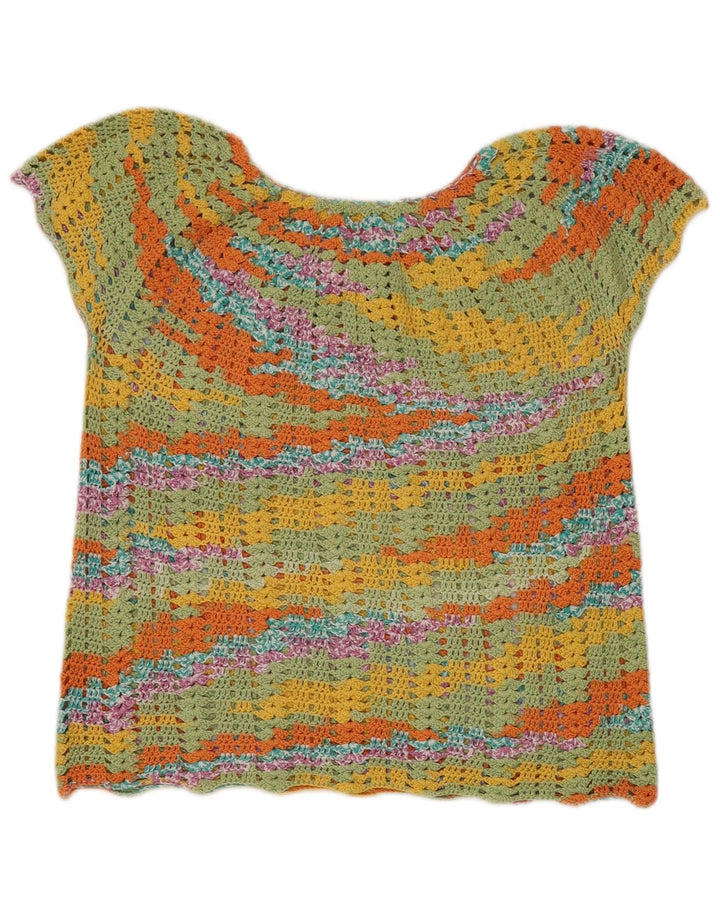 Suéter feminino vintage com gola canoa UK 14 médio multicolorido
