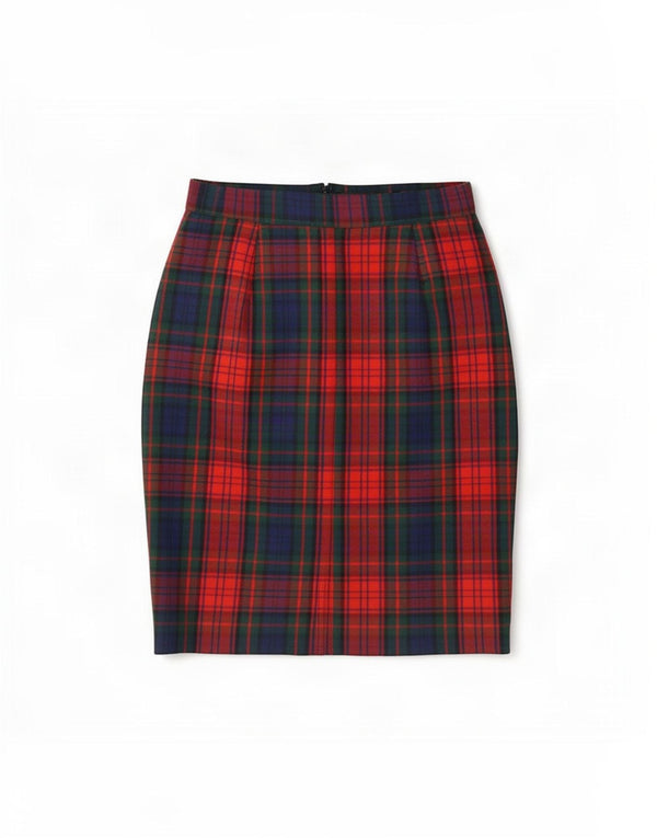 Saia lápis feminina vintage Reino Unido 12 poliéster xadrez vermelho médio W28
