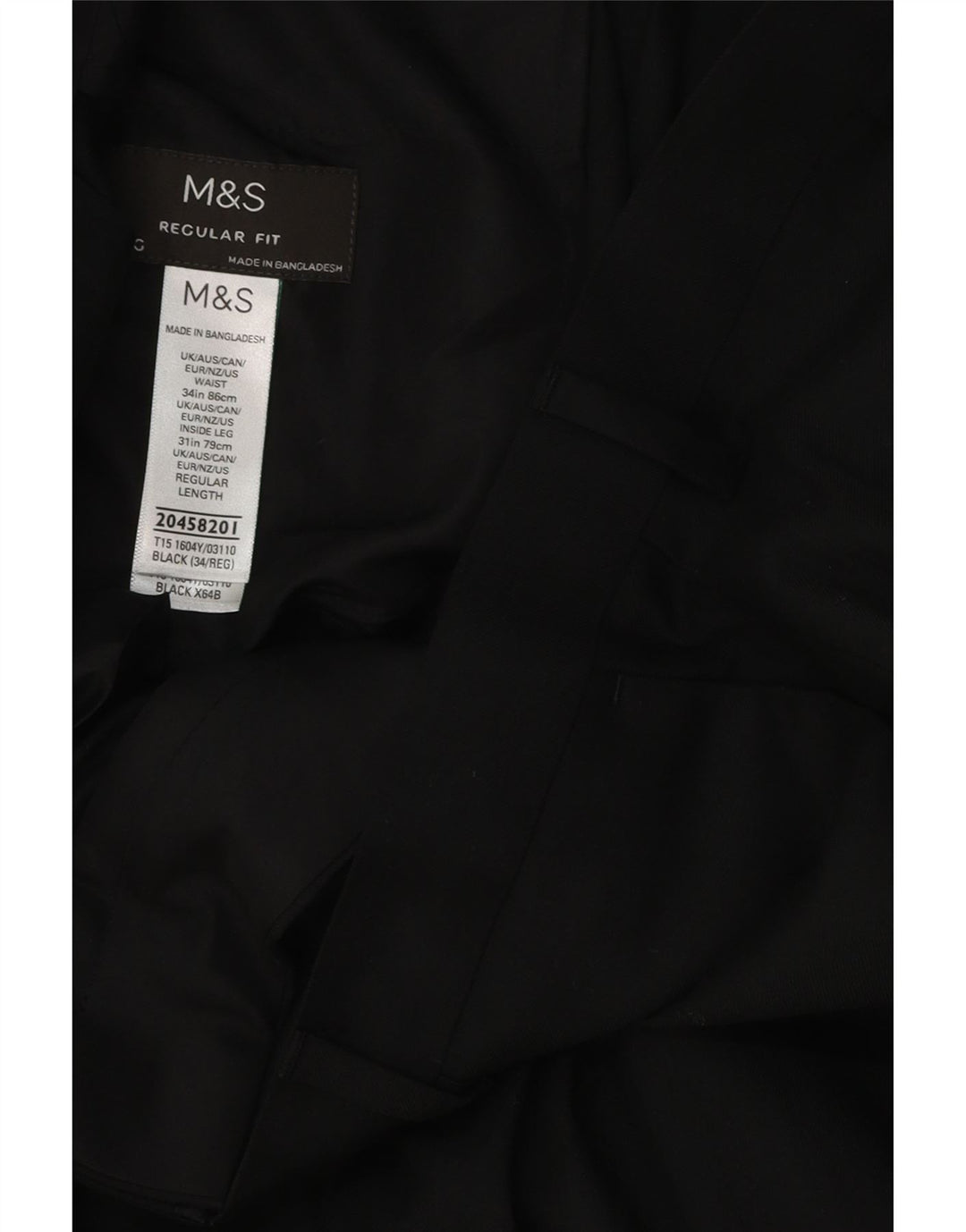 Calça masculina de ajuste regular Marks & Spencer W34 L31 poliéster preto